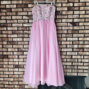Alyce Paris Pink Chiffon Strapless Prom Dress Gold Sequin Bodice Size 14